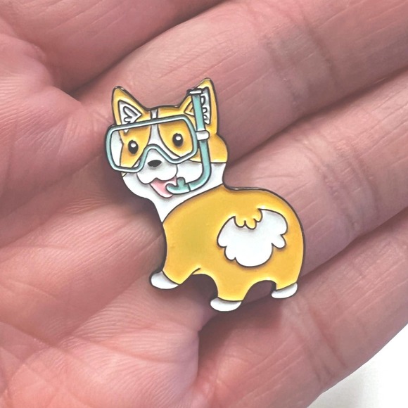 Corgi Dog with Diving Goggles Enamel Pin - Picture 4 of 7